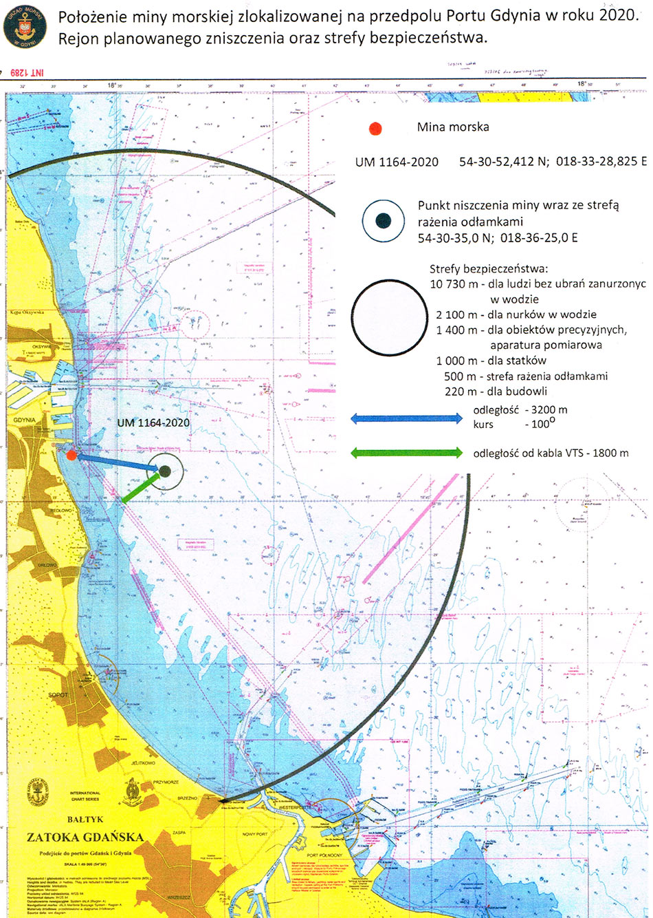 Rejnon planowanego zniszczenia oraz strefy bezpieczenstwa Mina morska w rejonie południowego wejścia do gdyńskiego portu